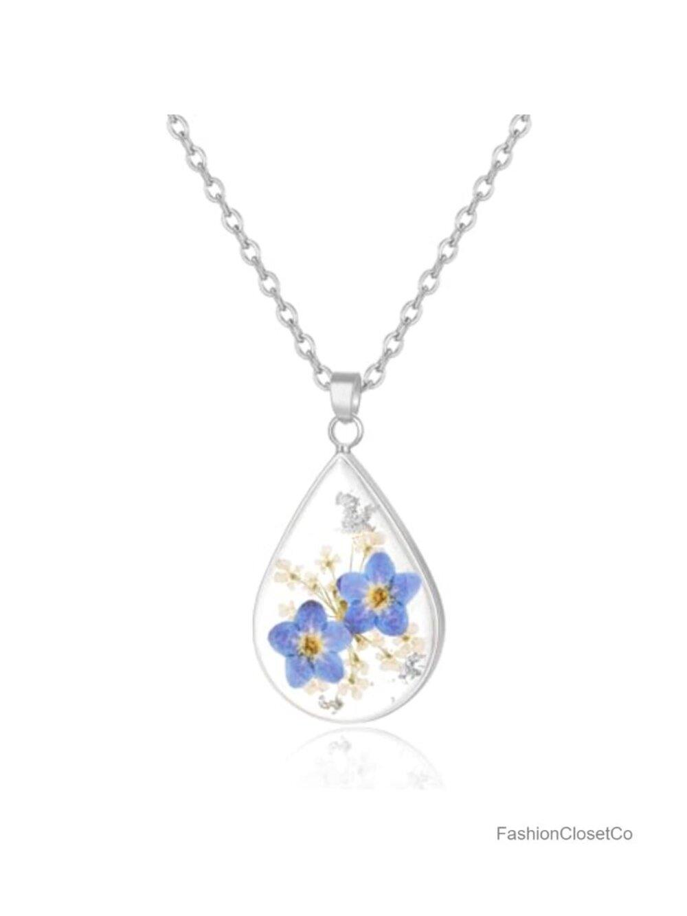 Handmade Pressed Flower Pendant Necklace 18" Silver Chain